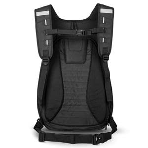 Aerodynamic motorcycle gear backpack with reflective panels and hydration compatibility for street and touring riders.