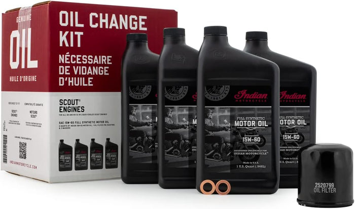 Indian Motorcycle Oil Change Kit – Full Synthetic 15W-60 Motor Oil, Oil Filter & Washers for 60 & 69 Cu In Scout Engines – 2880191