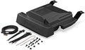 Black molded Rockford Fosgate subwoofer enclosure shown with a wiring harness, mounting hardware, and cable ties.