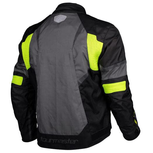 Tourmaster women’s armored motorcycle jacket in high visibility yellow featuring mesh ventilation and waterproof riding liner.