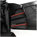 Black padded door-mounted storage bags with textured fabric, red accent trim, zippered compartments, and white Can-Am branding.
