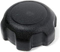 Black textured fuel cap with a round center panel and wide molded grip tabs around the edge.