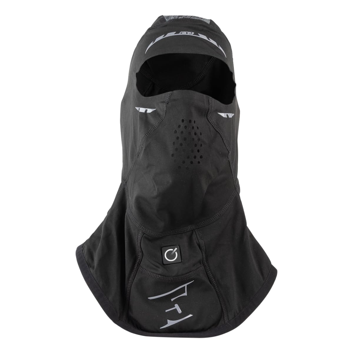 Heated snowmobile face mask shown with included rechargeable battery.