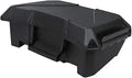 Low-profile black molded storage box with an angular fitted lid, integrated handle areas, and a vehicle-specific mounting shape.
