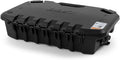 Low-profile black cargo box with a wide hinged lid, reinforced ribbed sides, integrated carrying handles, and LinQ mounting hardware.