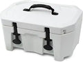 White rectangular rigid cooler with a thick fitted lid, black carrying handle, two flexible black front latches, and a reinforced molded base.