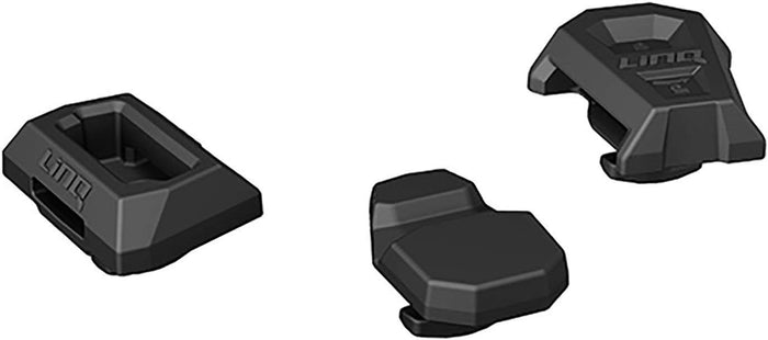 Three black molded LinQ adaptors with rugged, low-profile designs and integrated locking features. Each piece has a factory-style finish with embossed LinQ branding.