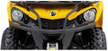 Black tubular bumper shown installed across the front of a yellow Can-Am ATV. The contoured design wraps around the grille and headlights while leaving the winch area accessible.