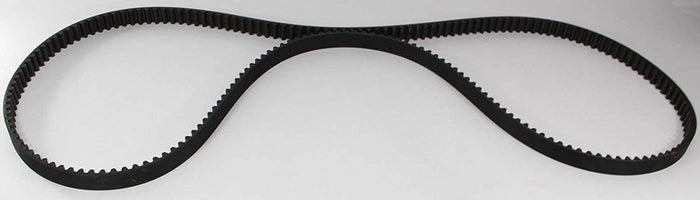 Long black drive belt with evenly spaced molded teeth along the inner surface. Its reinforced, flexible construction is shaped for proper engagement with the factory drive pulleys.