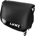Large structured black cargo bag with a smooth protective outer panel, carrying handle, securing straps, and bold white LinQ branding across the front.