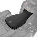 Black form-fitting seat cover shown installed on a Can-Am ATV. It follows the seat’s contours closely and features a subtle Can-Am emblem near the rear.