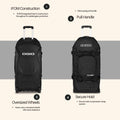 Heavy-duty motorsports travel bag with telescoping handle and oversized wheels