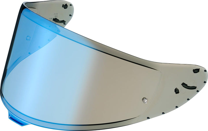 Blue mirror Shoei CWR-F2 Pinlock-ready motorcycle helmet face shield shown in front view.