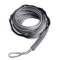 Coiled gray braided synthetic winch rope with a reinforced loop end and black protective abrasion sleeve.