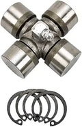 Metal universal-joint cross with four cylindrical bearing caps, a center grease fitting, and four black retaining rings.