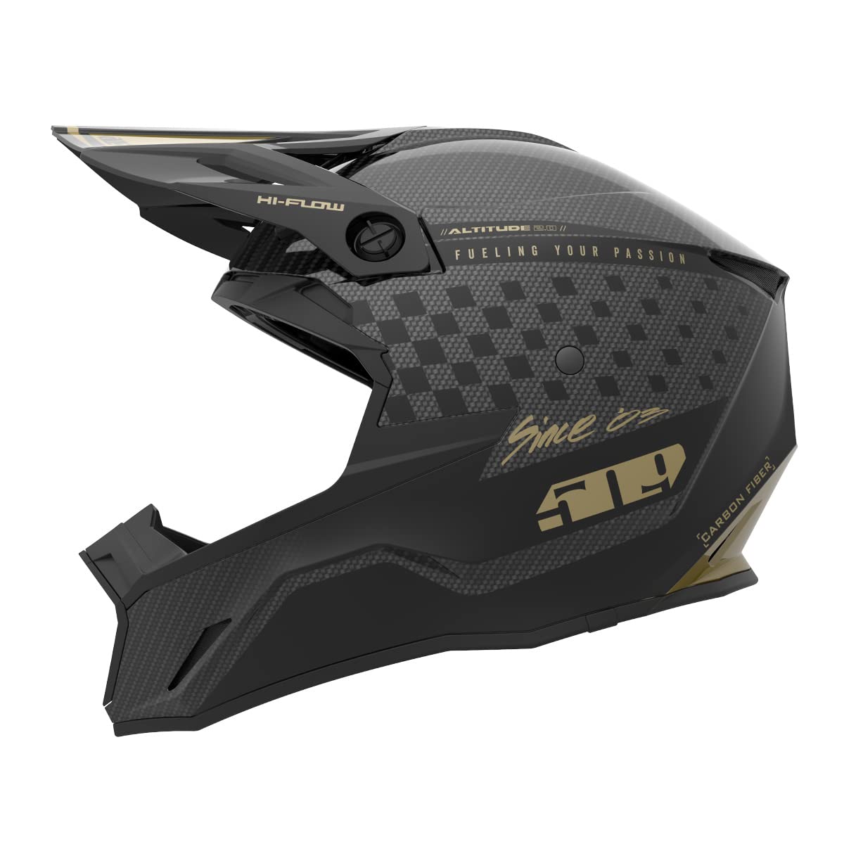 509 Altitude 2.0 helmet front and side view in black gold colorway