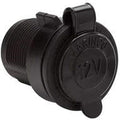 Black cylindrical power socket with a threaded mounting body and protective hinged cap. The molded cover is marked “12V” and helps shield the outlet when it is not in use.