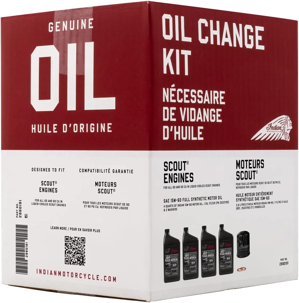 Indian Motorcycle Oil Change Kit – Full Synthetic 15W-60 Motor Oil, Oil Filter & Washers for 60 & 69 Cu In Scout Engines – 2880191