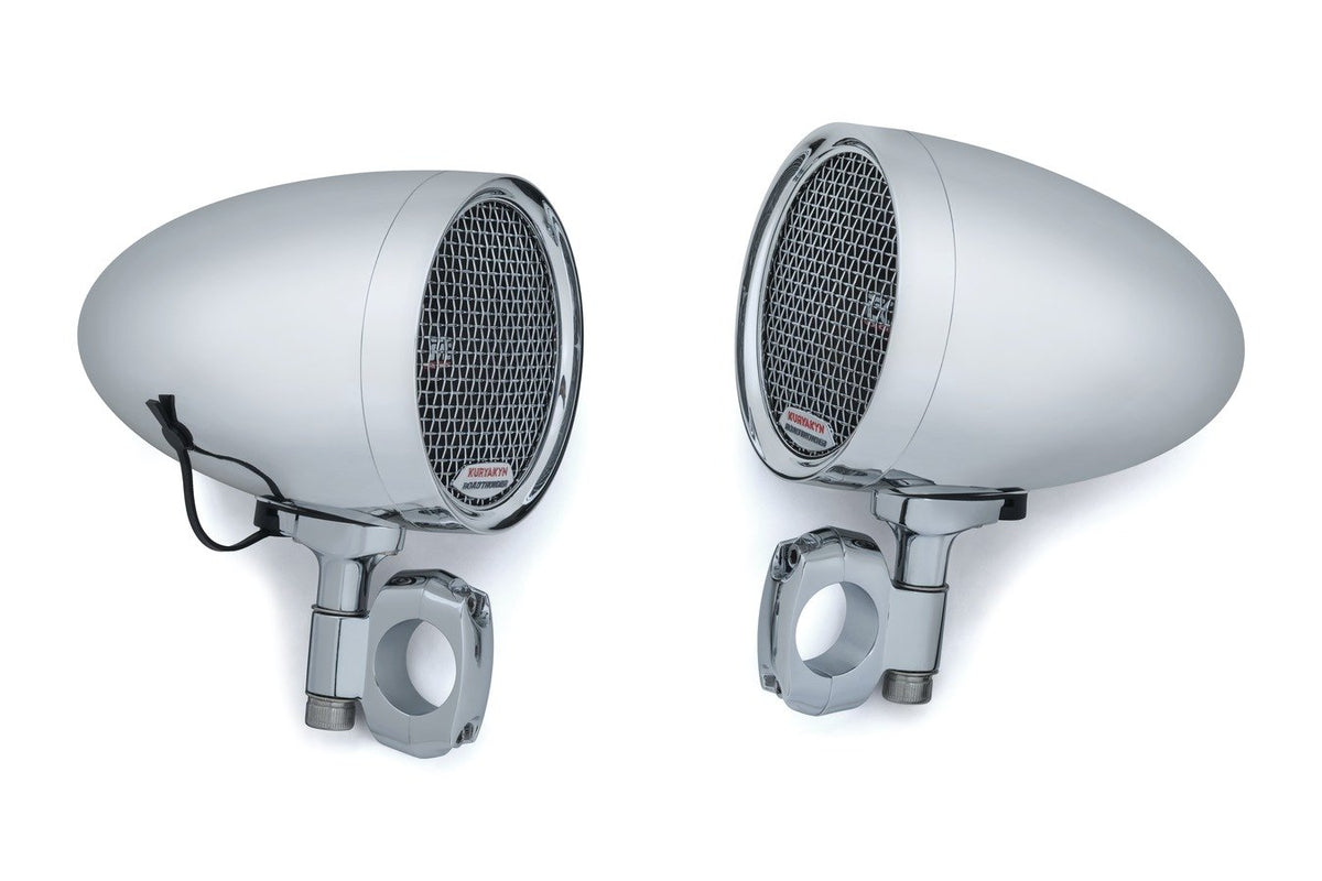 Chrome Kuryakyn motorcycle speaker pods mounted on handlebars