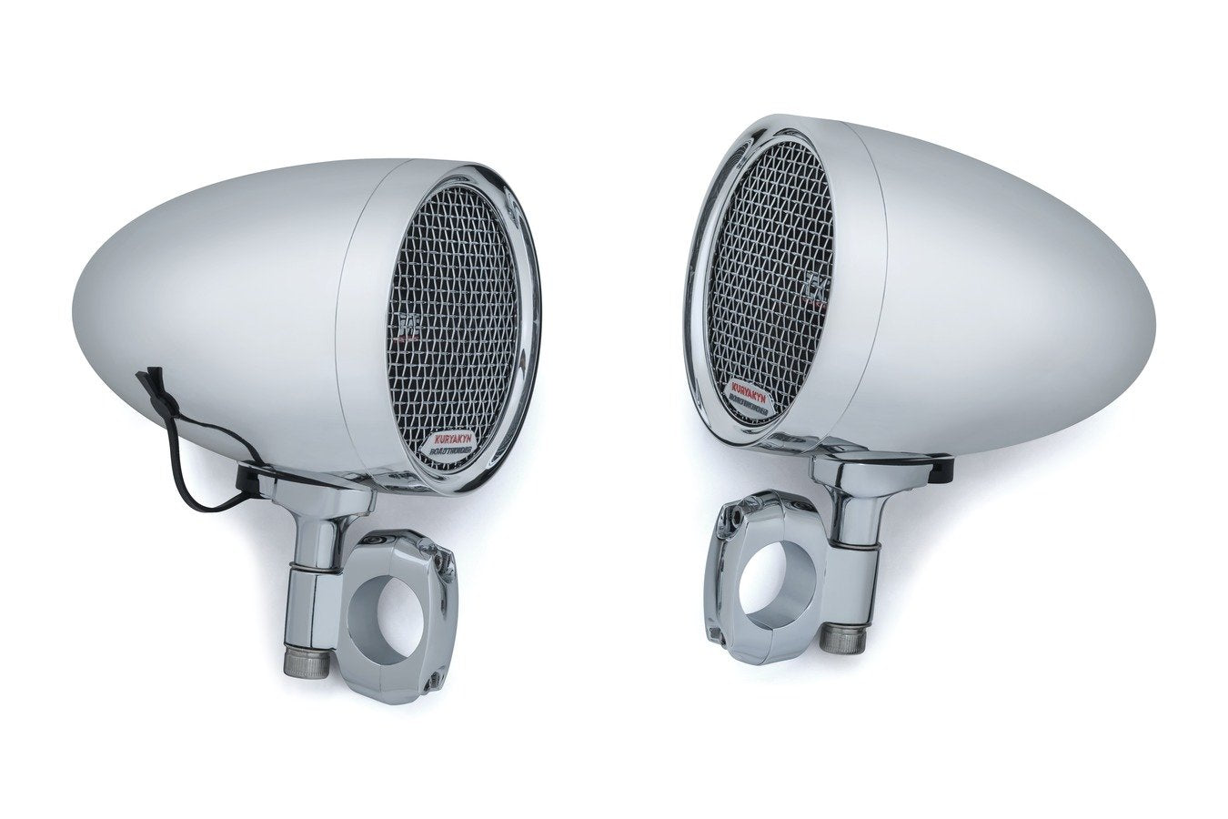 Chrome Kuryakyn motorcycle speaker pods mounted on handlebars