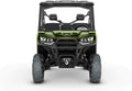 Black Can-Am front bumper installed around the grille and lower front bodywork of a green Defender UTV, with an integrated winch opening.