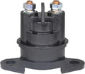 Black cylindrical starter relay with two copper terminals, mounting holes, and metal fastening nuts.