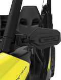 Black angular side mirror mounted to the vehicle frame, featuring a durable molded housing, adjustable mounting arm, and embossed Can-Am branding.