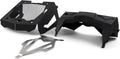 Black radiator relocator assembly mounted on the front cargo rack of a Can-Am Outlander ATV, featuring a protective mesh grille and contrasting silver Can-Am center panel.