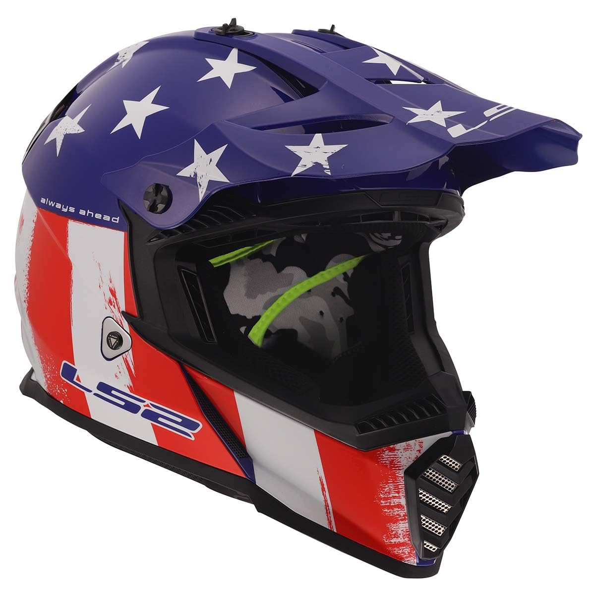 LS2 youth dirt bike helmet red white blue battle scar graphic