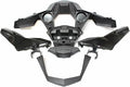 Multi-piece black Can-Am fairing assembly with sculpted side panels, central mounting frame, two round integrated lights, lower trim, and mounting brackets.