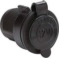 The image shows a black marine-style 12V power outlet with a threaded mounting body and protective flip-up cover.