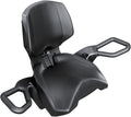 Black padded passenger seat with a tall backrest, contoured cushion, and large integrated grab handles on both sides.