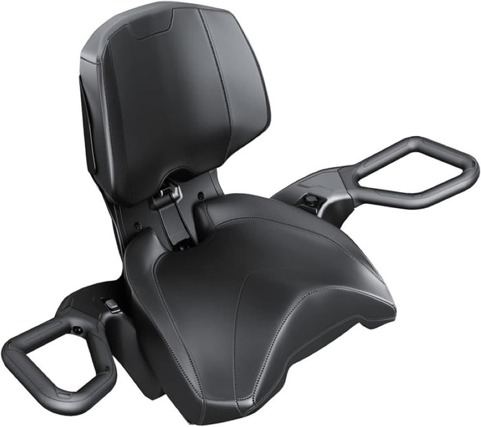 Black padded passenger seat with a tall backrest, contoured cushion, and large integrated grab handles on both sides.