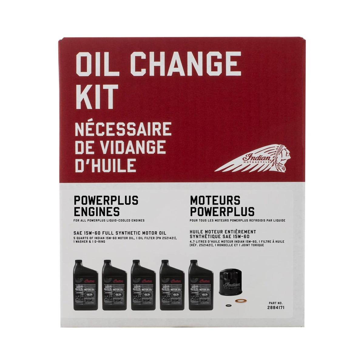 2884171 Indian Motorcycle OEM oil service kit including oil, filter, washer, and O-ring.