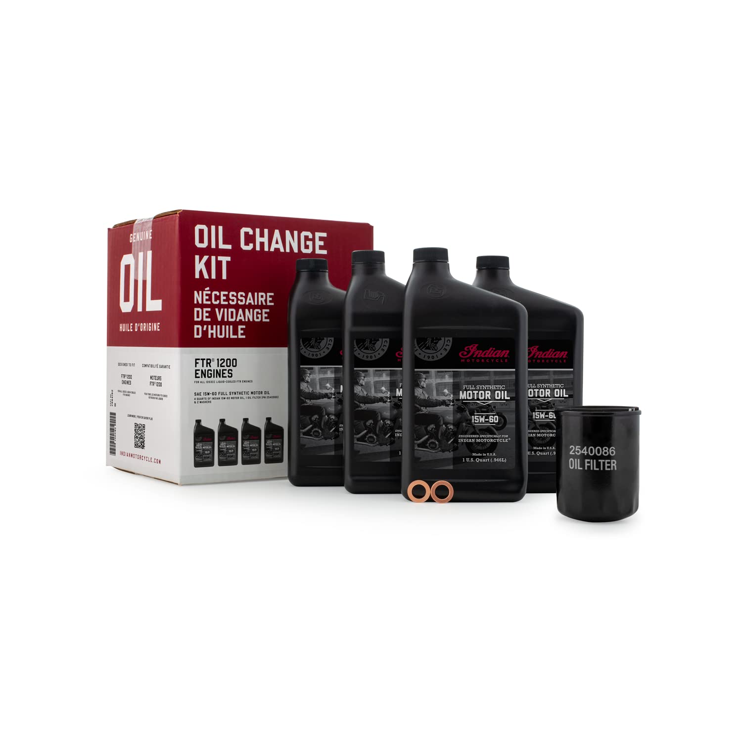 Indian Motorcycle FTR Oil Change Kit 2884182 – 15W-60 Full Synthetic Oil, Filter, Washers