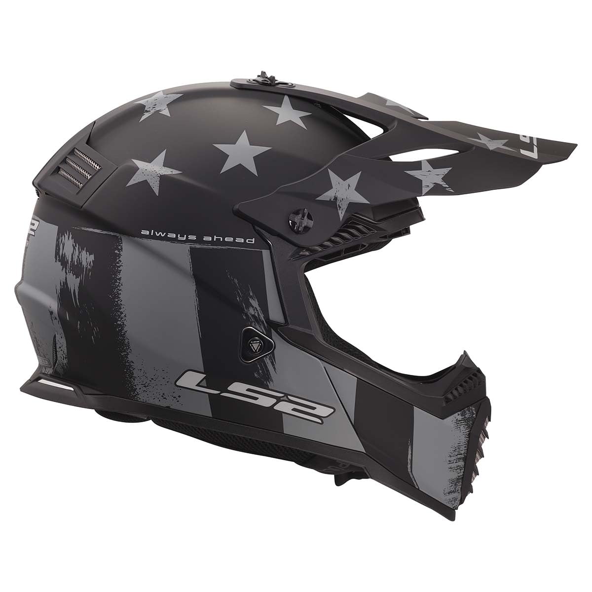 LS2 youth dirt bike helmet matte gray black battle scar graphic