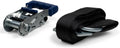 Can-Am spare-tire tie-down with a black webbing strap, silver metal hook, and compact ratchet mechanism with a blue handle.
