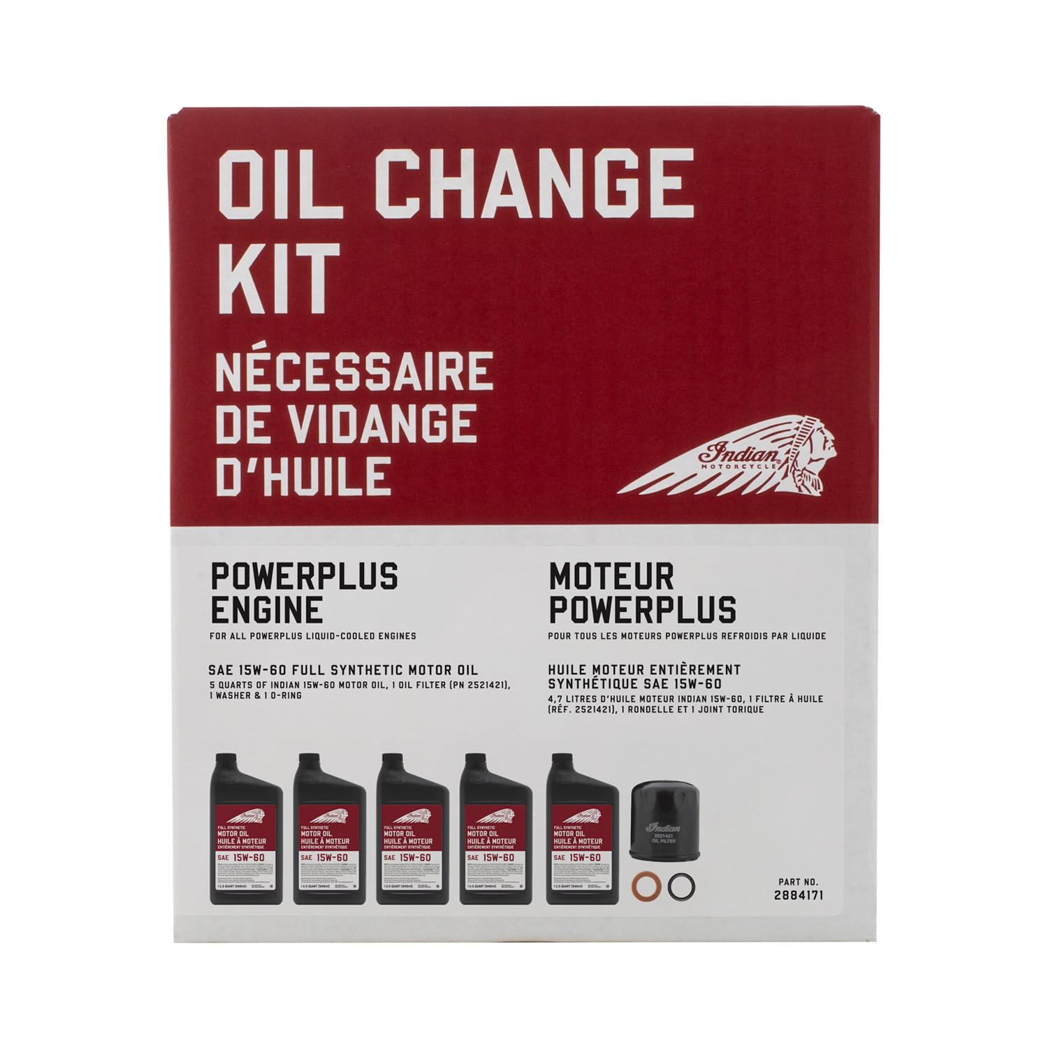 Indian Motorcycle Oil Change Kit 2884171 with 15W-60 full synthetic oil and OEM filter.