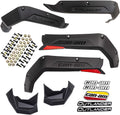 Black Can-Am Outlander fender extensions and mud guards shown with red reflectors, mounting hardware, and coordinating decals.