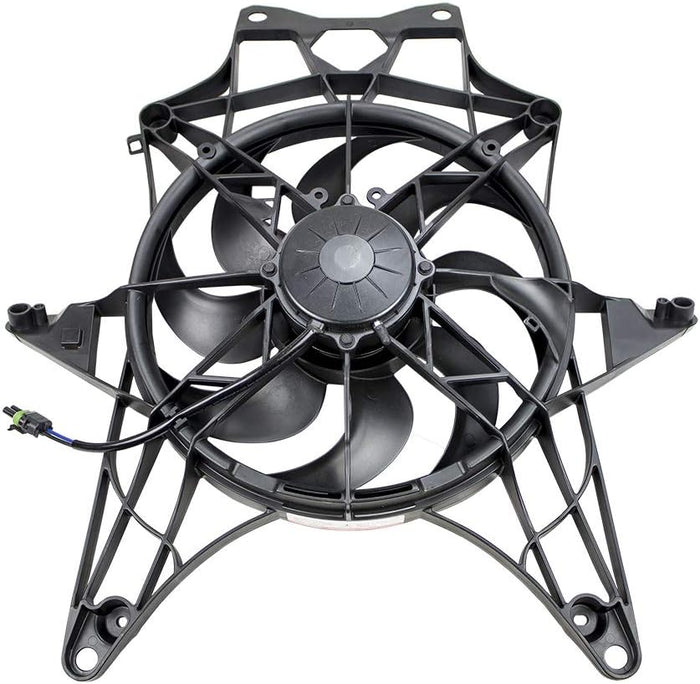 Black multi-blade electric fan mounted inside a reinforced molded shroud. The complete assembly includes factory-style mounting points and an attached wiring connector.