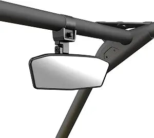 Wide rectangular center mirror with rounded corners, a black aluminum frame, and an adjustable clamp-style roll-cage mount.