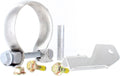 Metal support kit containing a large circular clamp, formed mounting bracket, cylindrical spacer, two flanged bolts, and securing nuts.