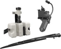 Can-Am windshield cleaning kit with a white washer-fluid reservoir, black electric wiper motor and mounting bracket, wiring connector, and long wiper arm with blade.