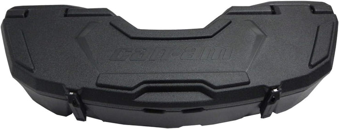 Wide black molded cargo box with an angular reinforced lid, two front latches, integrated carrying contours, and large embossed Can-Am branding.