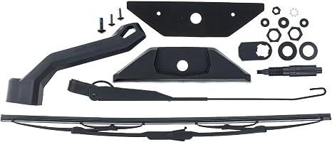 Black manual wiper assembly featuring a long wiper blade, operating handle and linkage, mounting plates, seals, bushings, and installation hardware. Windshield is not included; verify compatibility with your vehicle and windshield before ordering.