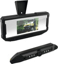 Wide black-framed rearview mirror with a built-in center display, overhead mounting bracket, and separate slim rear camera with integrated LED lights.
