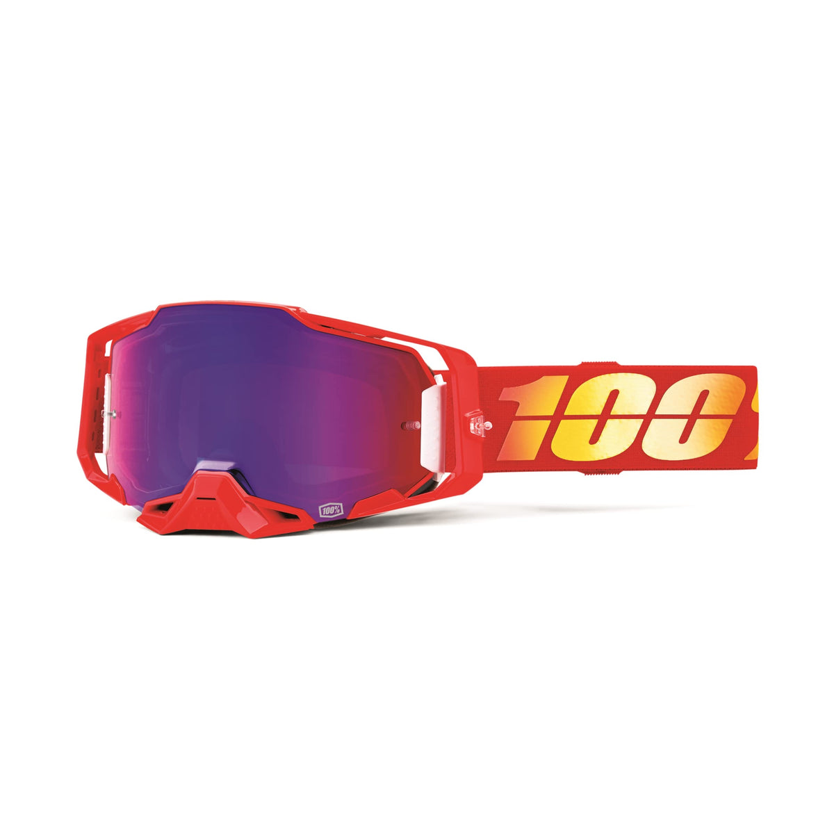 100% ARMEGA Goggles in the Nuketown colorway with a mirror red/blue lens.