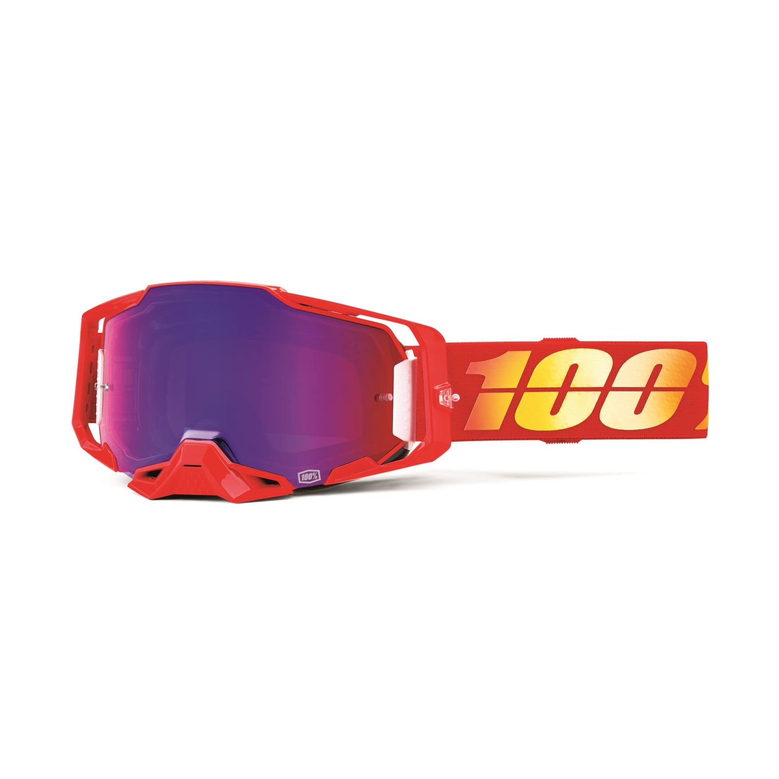 100% ARMEGA Goggles in the Nuketown colorway with a mirror red/blue lens.