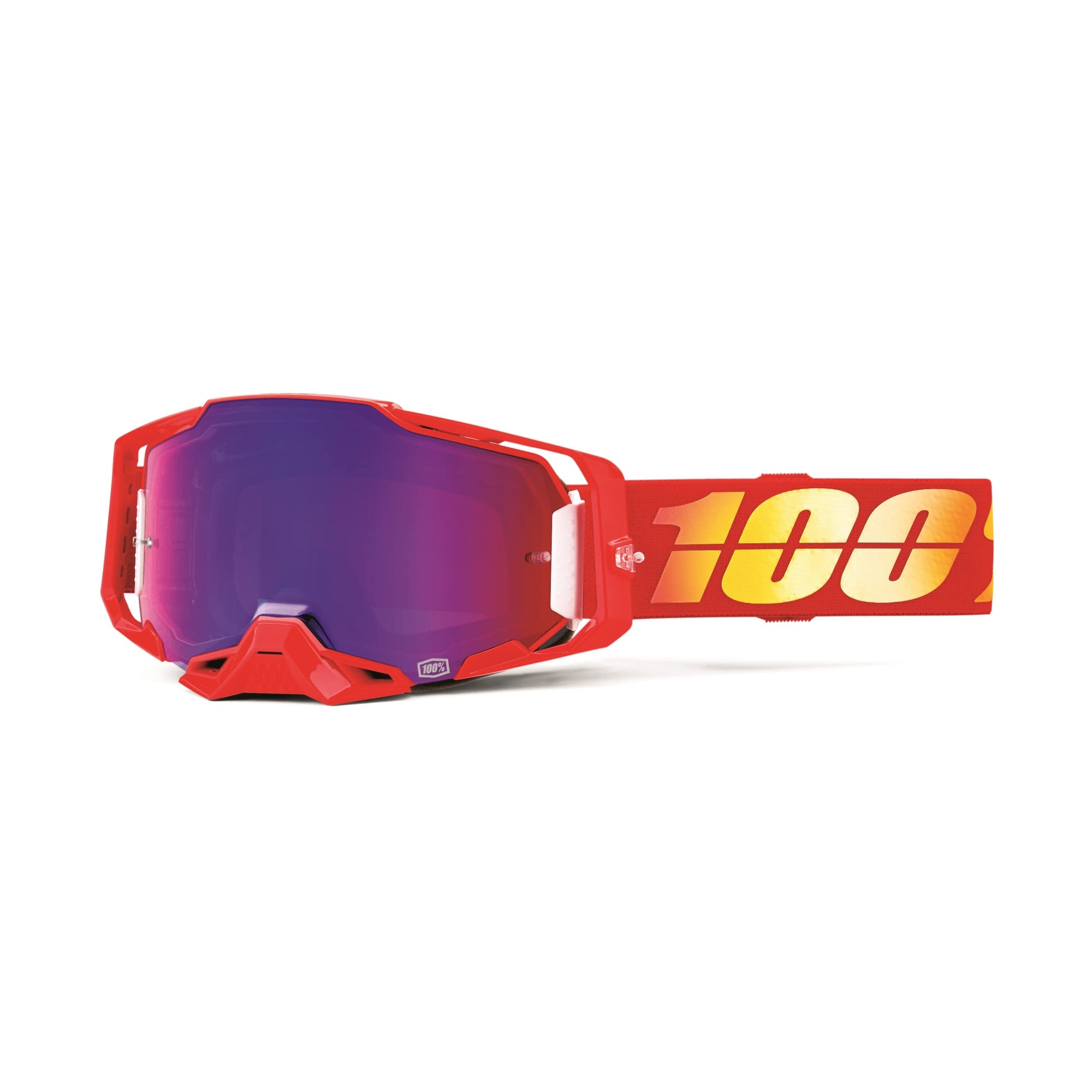 100% ARMEGA Goggles in the Nuketown colorway with a mirror red/blue lens.