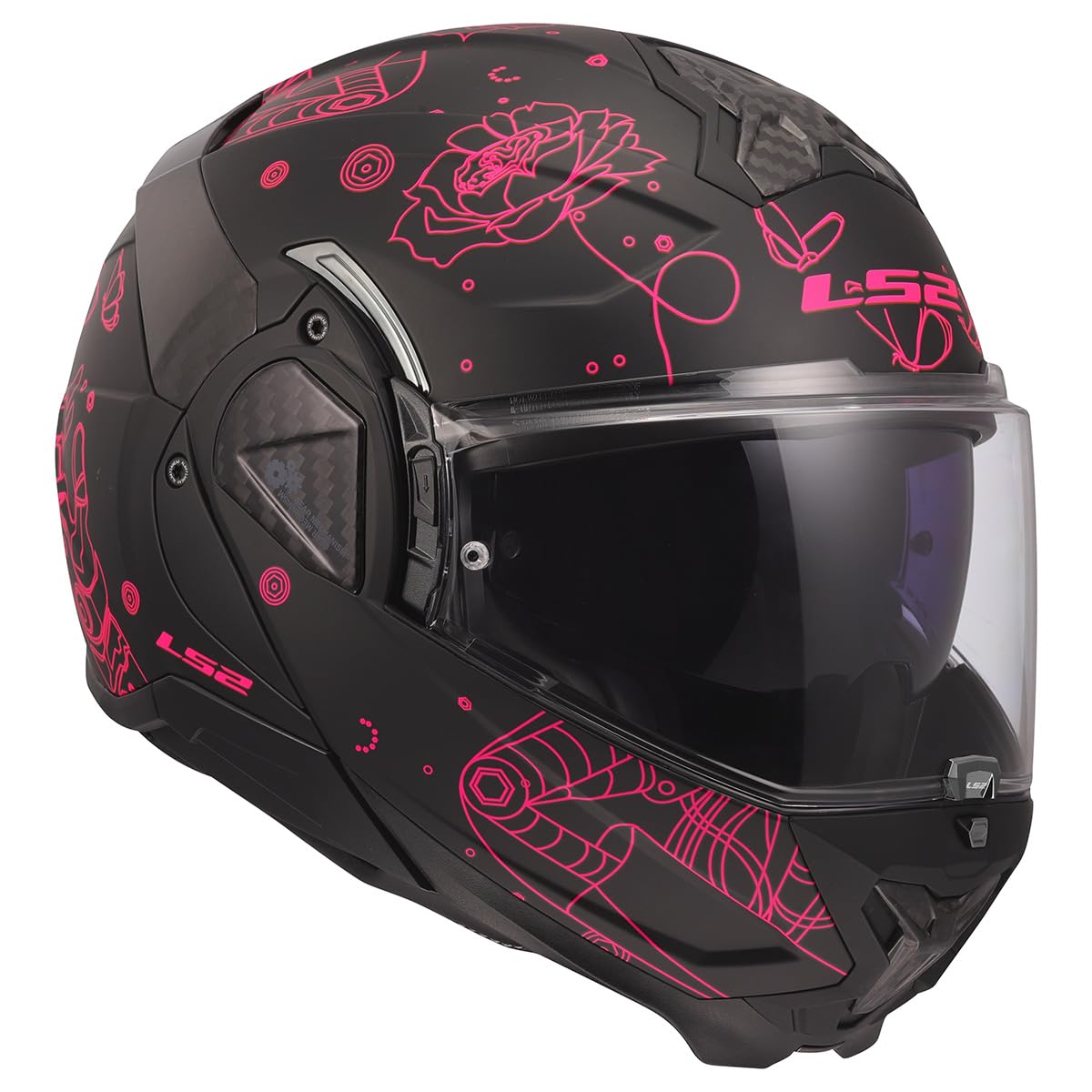 LS2 flip-up motorcycle helmet black pink Pinlock ready visor detail